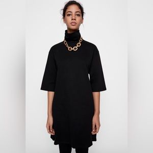 Zara Black Turtleneck 3/4 Sleeve Mini Boxy Shift Dress Size Medium